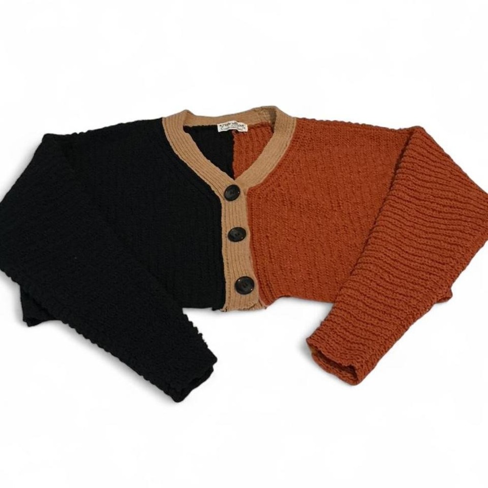 Cardigan color‎ block featuring deep rust orange, brown, and black, cropped top